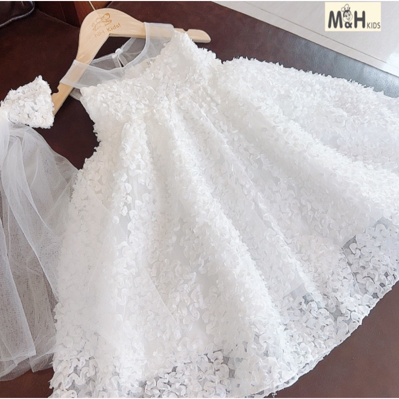 10-25kg váy cô dâu trắng kèm voan cho bé gái, váy trắng đi tiệc cho bé gái