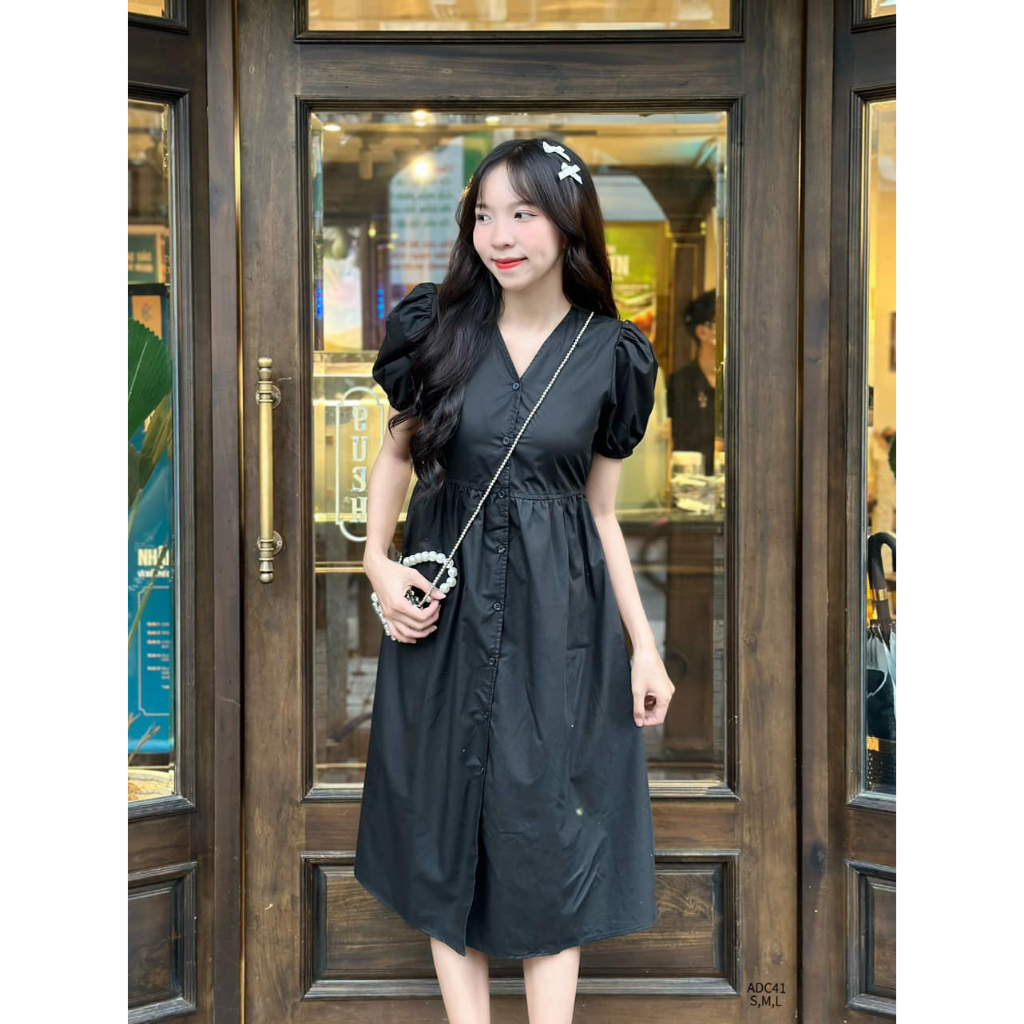 Đầm kate thô cổ tim dây eo tay phồng dễ thương CHIBEST ADC41