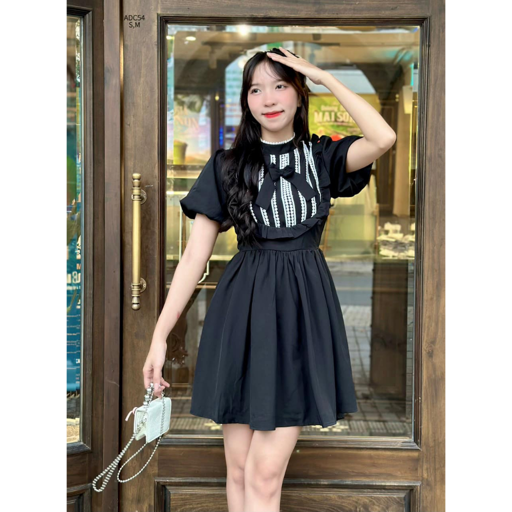 Đầm xoè mango phối ren nơ ngực tiểu thư dễ thương CHIBEST ADC54