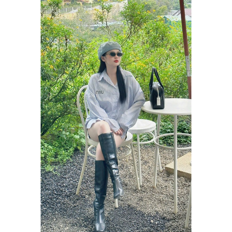 SET ÁO SƠ MI SỌC XANH MIU - SHORT ĐEN