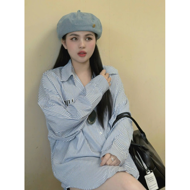 SET ÁO SƠ MI SỌC XANH MIU - SHORT ĐEN