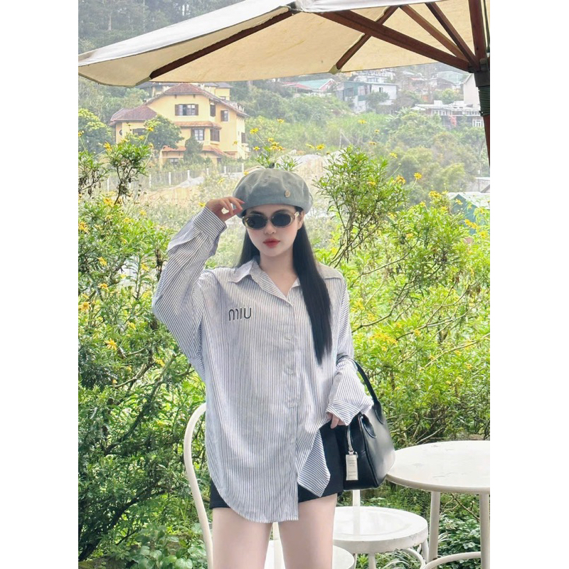 SET ÁO SƠ MI SỌC XANH MIU - SHORT ĐEN