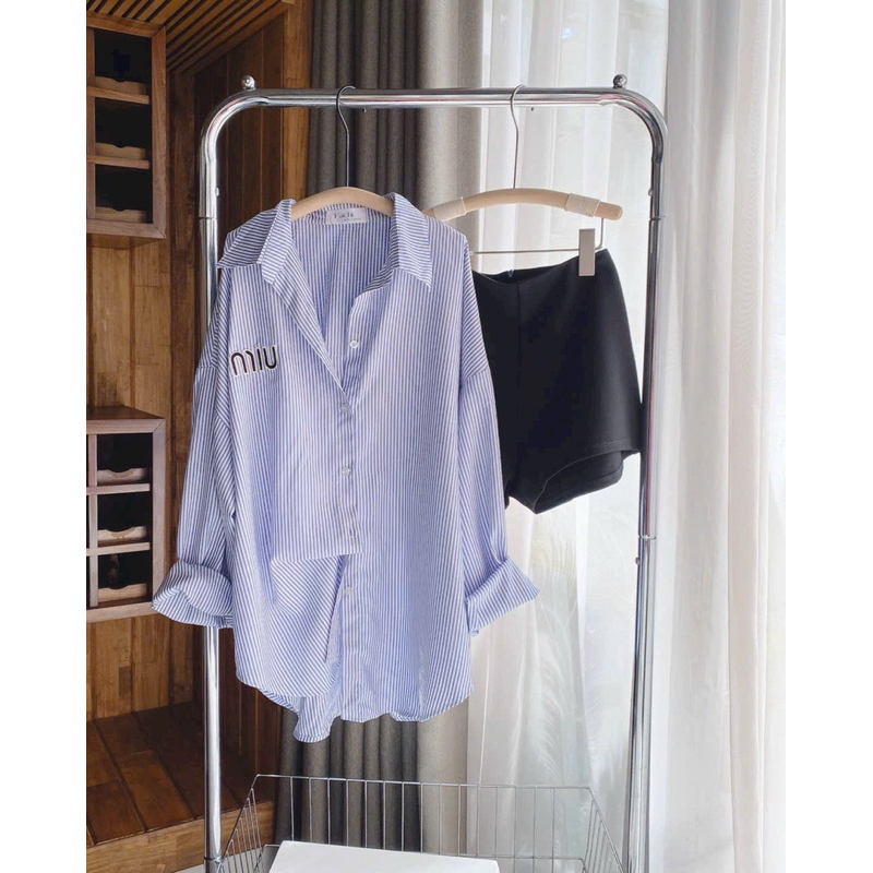 SET ÁO SƠ MI SỌC XANH MIU - SHORT ĐEN