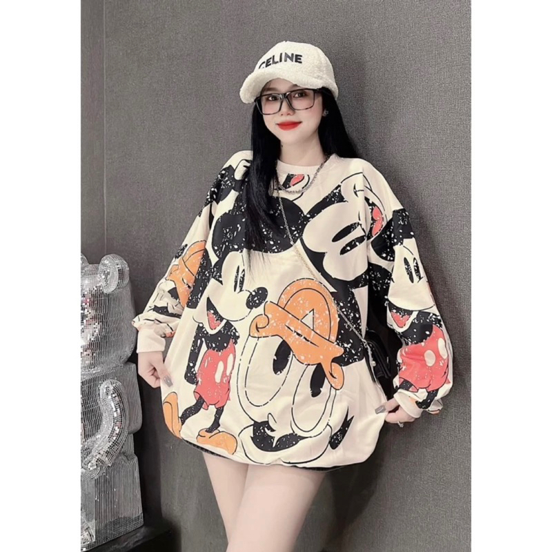 Áo sweater tay bồng nỉ bông in Vịt Donal và chuột Mickey