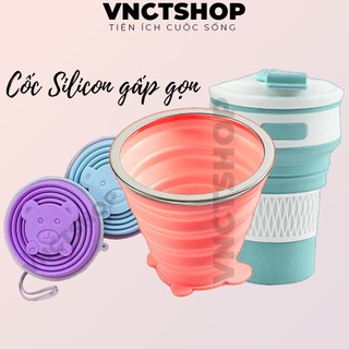 Cốc gấp gọn silicon cute vnctshop, ly uống nước chịu nhiệt xếp gọn đi du lịch có nắp nhựa