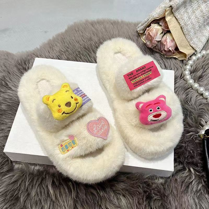 Dép lông Dép lê gấu dâu tây đáng yêu nữ mùa thu đông mẫu mới