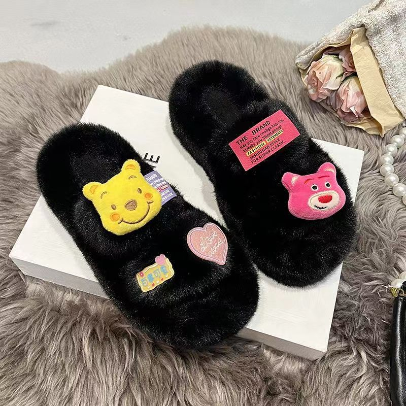 Dép lông Dép lê gấu dâu tây đáng yêu nữ mùa thu đông mẫu mới
