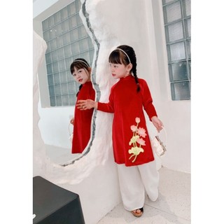 Áo dài Tết đáp hoa sen cho bé gái 10_26kg