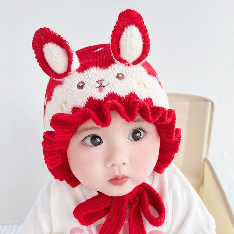 Mũ len bèo tai thỏ trên đầu cho bé gái 0-24 tháng, hàng đẹp