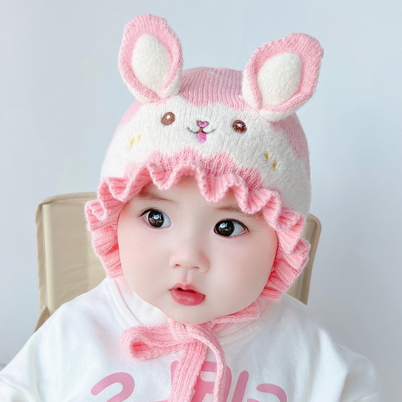 Mũ len bèo tai thỏ trên đầu cho bé gái 0-24 tháng, hàng đẹp