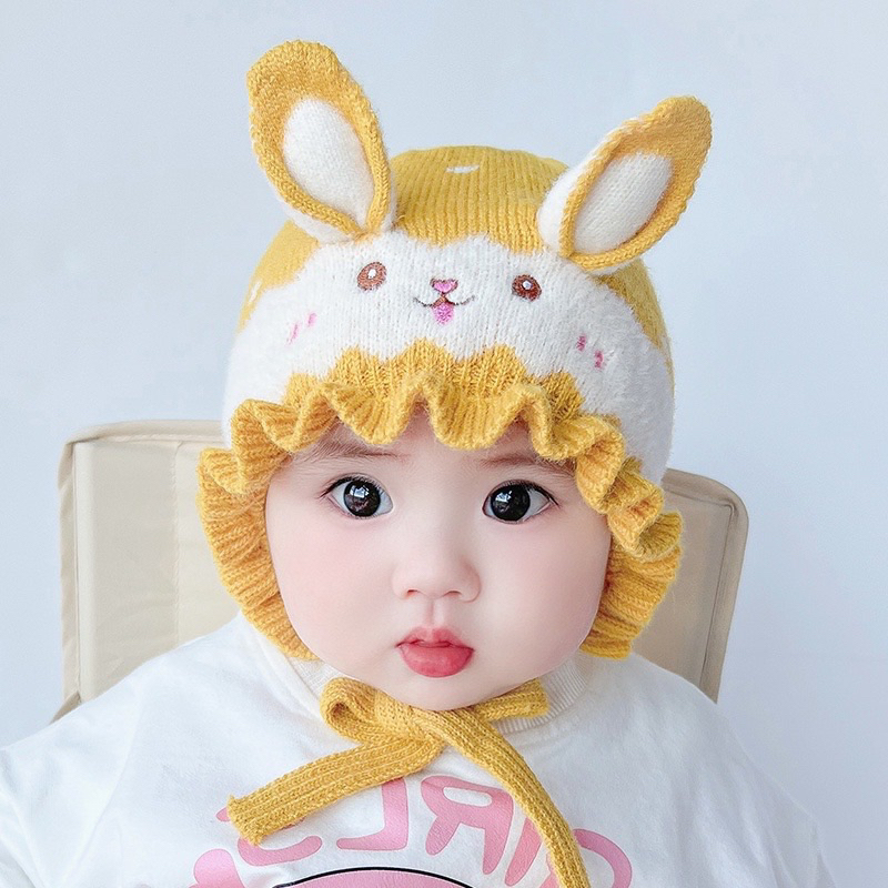 Mũ len bèo tai thỏ trên đầu cho bé gái 0-24 tháng, hàng đẹp