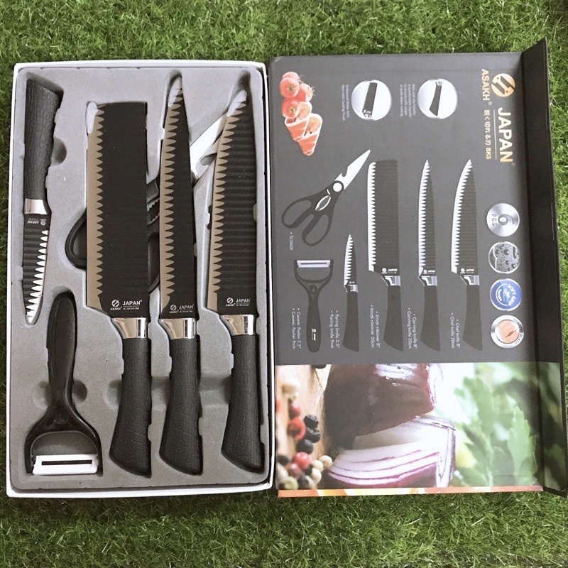 BỘ DAO NHẬT ASAKH 6 MÓN HÌNH GỢN SÓNG CAO CẤP - FULL BOX