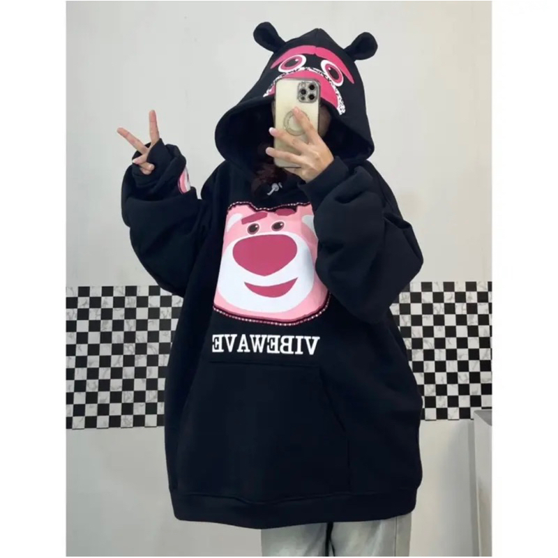 Áo hoodie tay bồng mũ có tai 2 lớp in Gấu Dâu