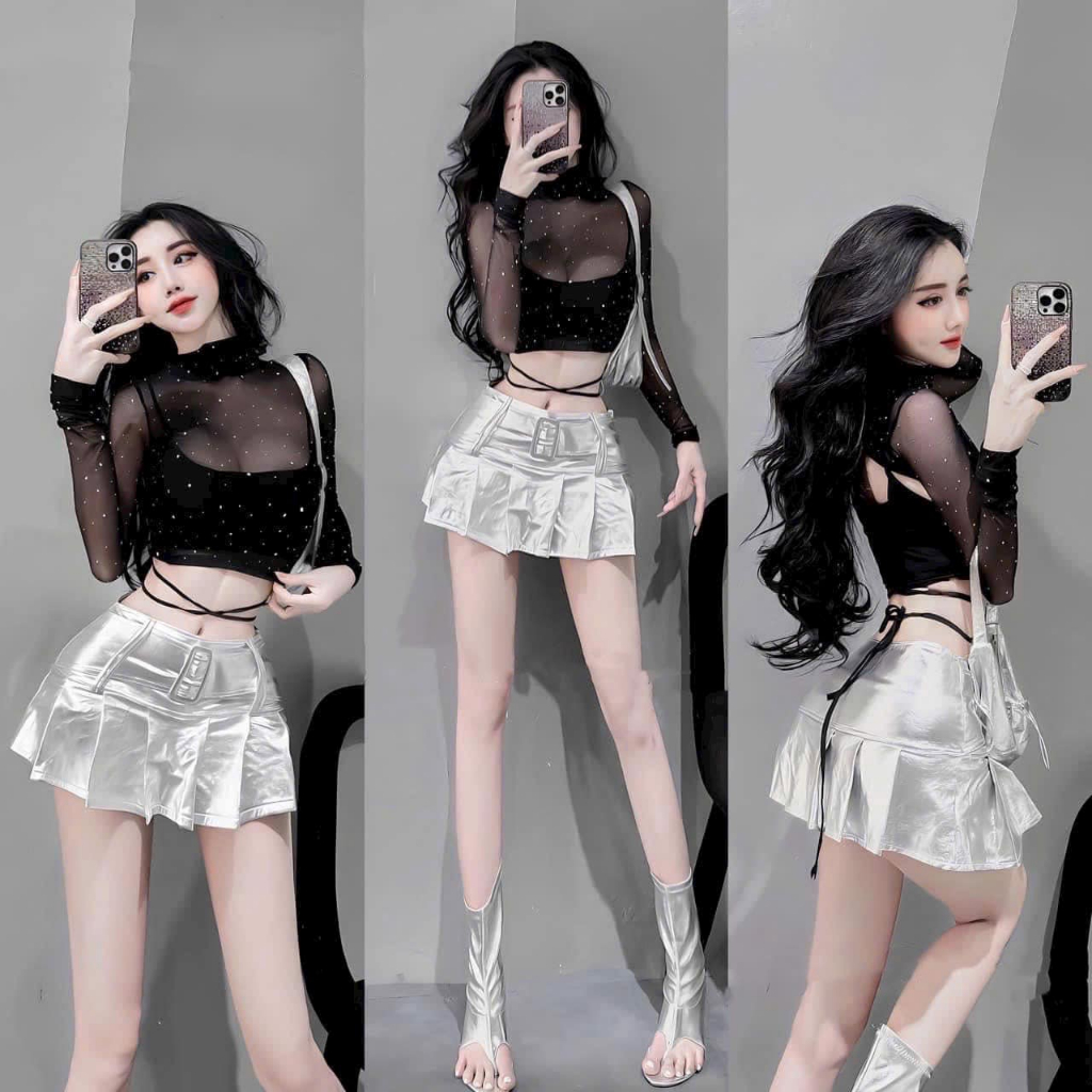 Sét áo lưới đính đá kèm áo buộc dây croptop