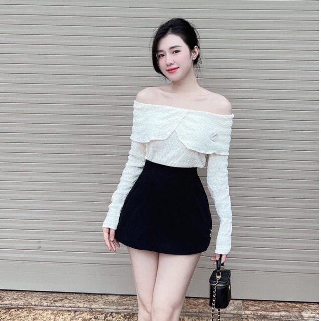 JENNYCLOSET | Áo trễ vai len nhăn tặng tag đá tiểu thư , Áo hở vai dài tay style trẻ trung