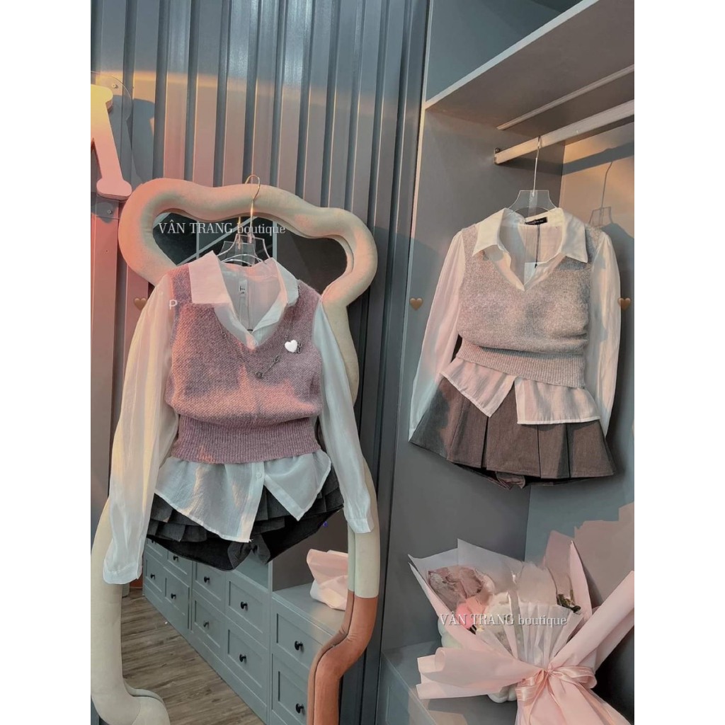 Set 3 món áo sơ mi kèm áo gile len  kèm tag đá  mix chân váy xếp ly xòe cực xinh có bán tách set áo riêng, chân váy r