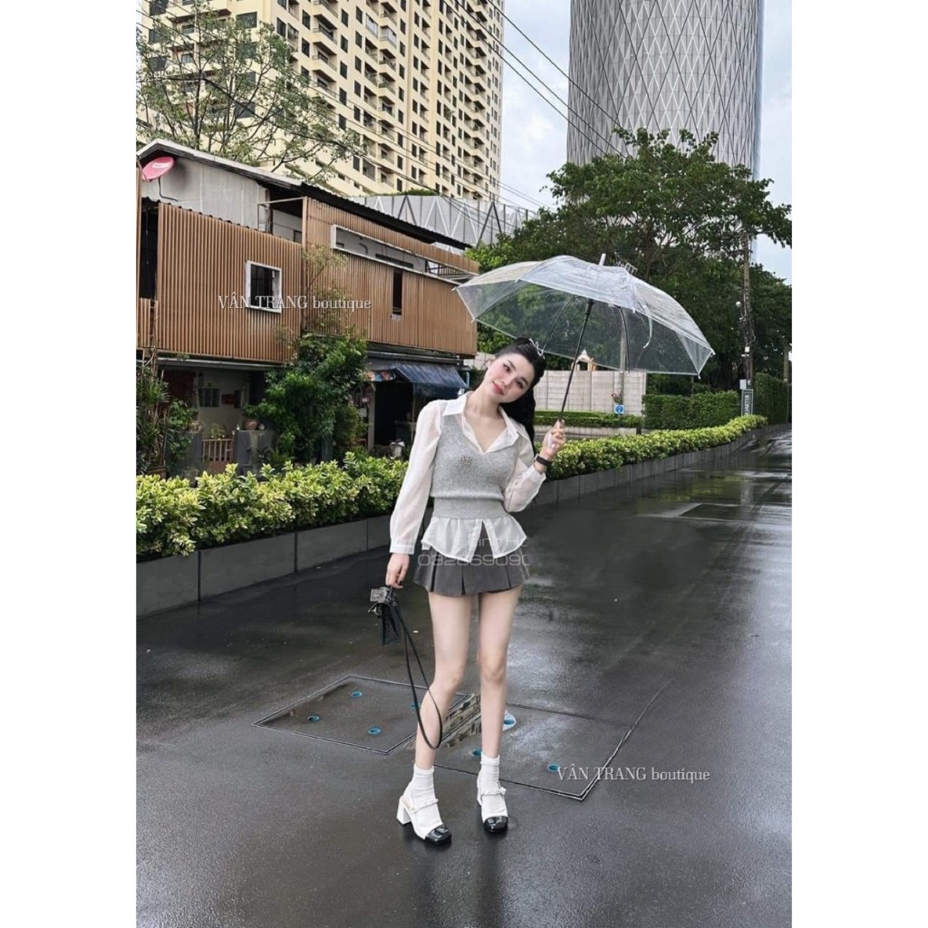 Set 3 món áo sơ mi kèm áo gile len  kèm tag đá  mix chân váy xếp ly xòe cực xinh có bán tách set áo riêng, chân váy r