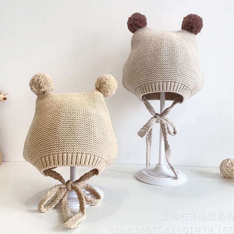 Mũ len tai bông có dây buộc kiểu dáng Hàn Quốc đáng yêu cho bé từ 3-24 tháng