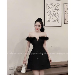Đầm nữ thời trang mặc đi tiệc sang chảnh chất Tapta trễ vai xẻ ngực phối lông chân váy chữ A đính cườm trẻ trung