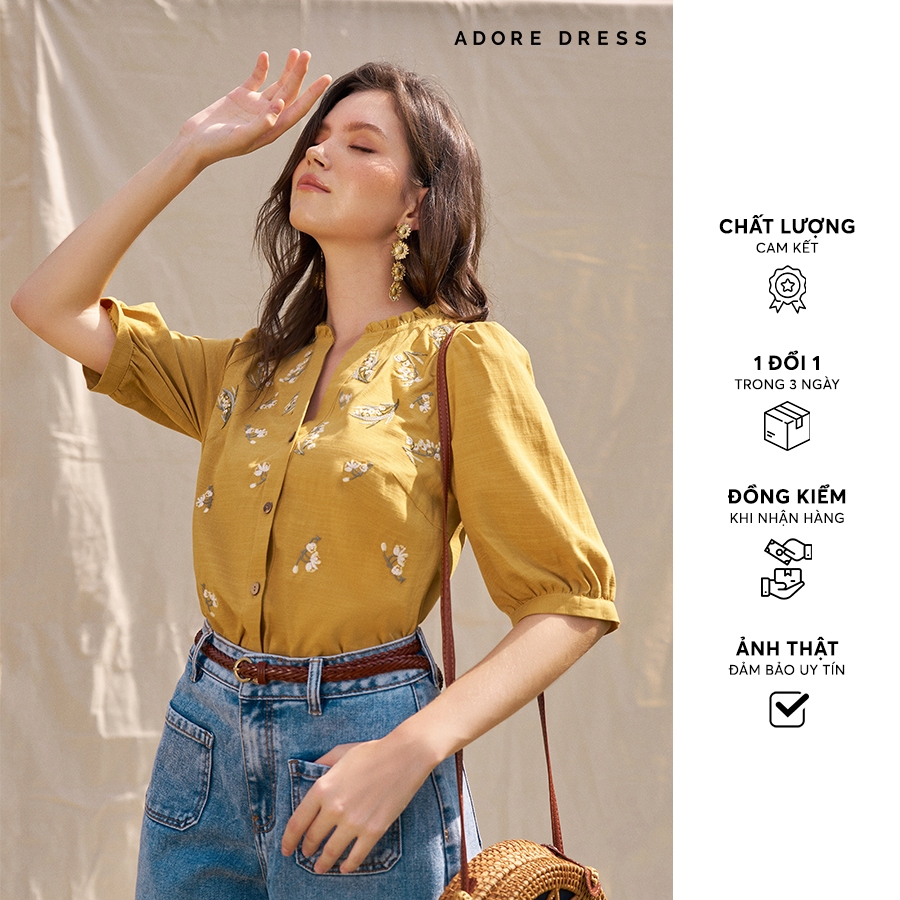 Áo Sơ mi Shirts casual style đũi trơn vàng thêu linh lan trắng 312SH1007 ADORE DRESS