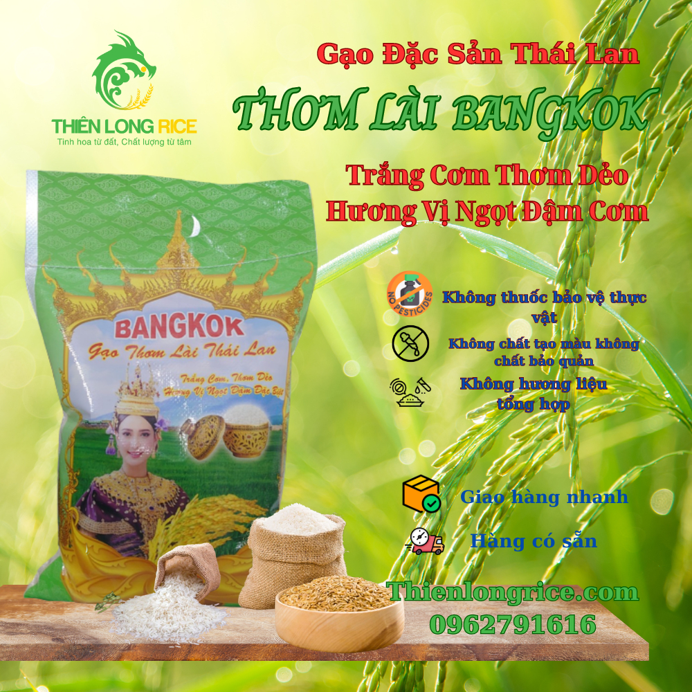 Gạo Thơm Lài BangKok Đặc Sản Thái Lan Bao 5 Kg Hàng Loại 1- Trắng Cơm Thơm Dẻo Đậm Cơm Thiên Long Rice