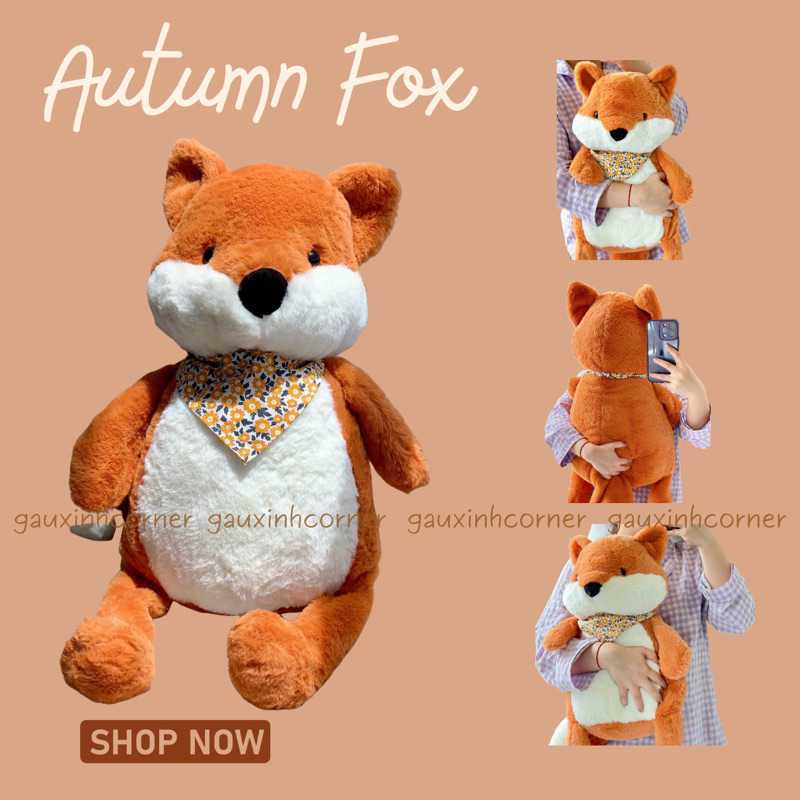 Gấu bông cáo cam Autumn Fox lông mịn tặng khăn hoa