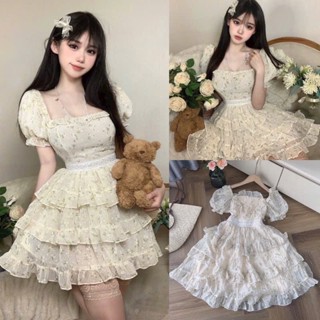 Đầm tiểu thư mặc đi chơi chất voan gân hoa cổ vuông tay búp chiết eo váy xoè phối tầng hai lớp cao cấp