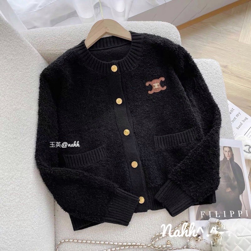 Áo khoác cardigan lông xù cổ tròn cúc vàng thêu chữ X KĐ48
