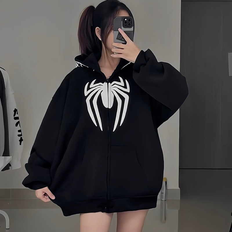 Áo khoác zip nữ-Áo khoác hoodie zip Panacea.Studio vải nỉ tàu 2 lớp,áo hoodie zip spiderman