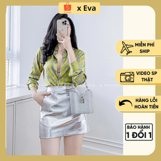Áo sơ mi nữ tay dài hoạ tiết loang xanh lá cây, sơ mi lụa họa tiết nữ