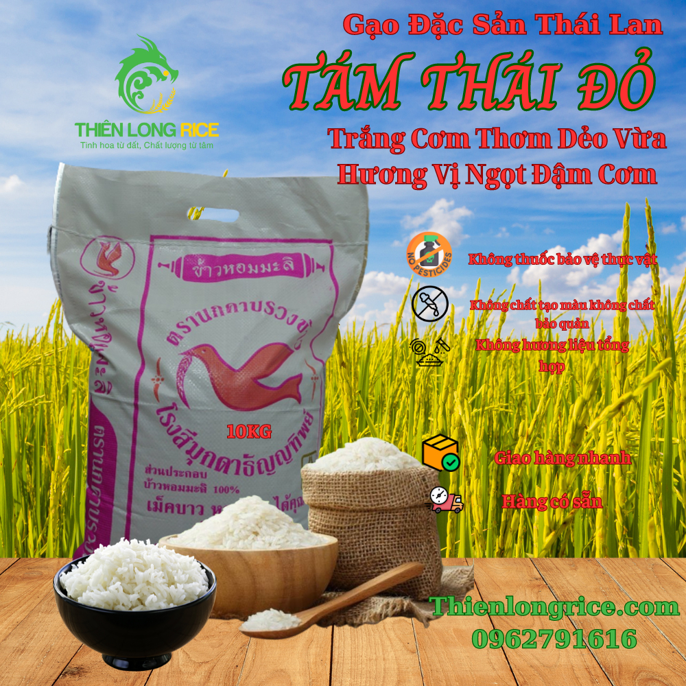 Gạo Tám Thái Đỏ Đặc Sản Thái Lan Bịch 10 Kg Thiên Long Rice Hàng Loại 1 Trắng Cơm Thơm Dẻo Vừa Đậm Cơm
