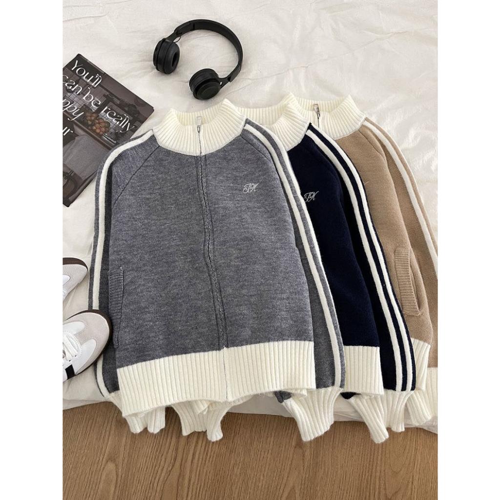 Áo sweater len khóa kéo phối viền sọc hai bên QC hot 2023