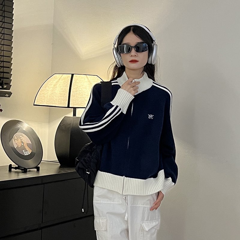 Áo sweater len khóa kéo phối viền sọc hai bên QC hot 2023