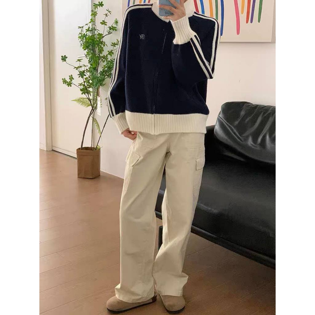 Áo sweater len khóa kéo phối viền sọc hai bên QC hot 2023