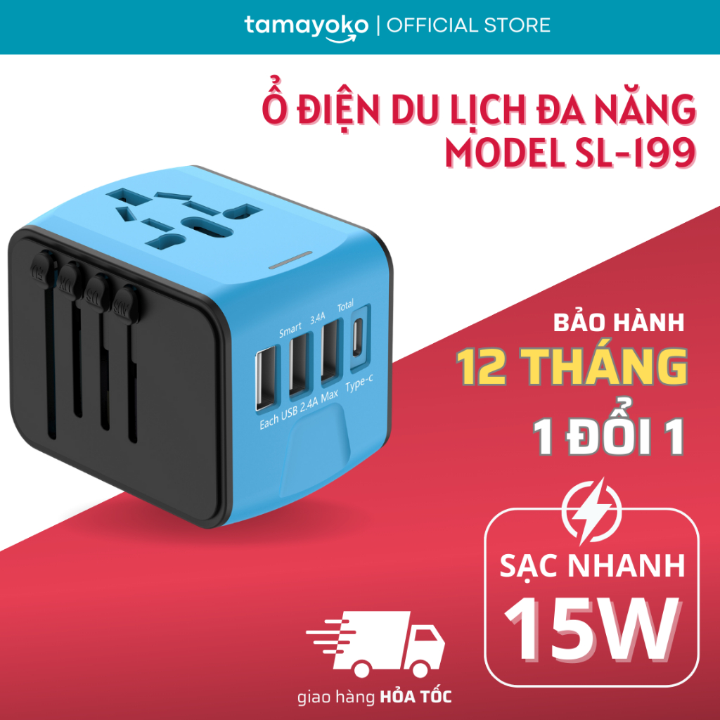 Ổ Cắm Điện Du Lịch Quốc Tế Đa Năng Tamayoko + USB Cắm Tải 1500W Cho Điện Thoại/Máy Tính