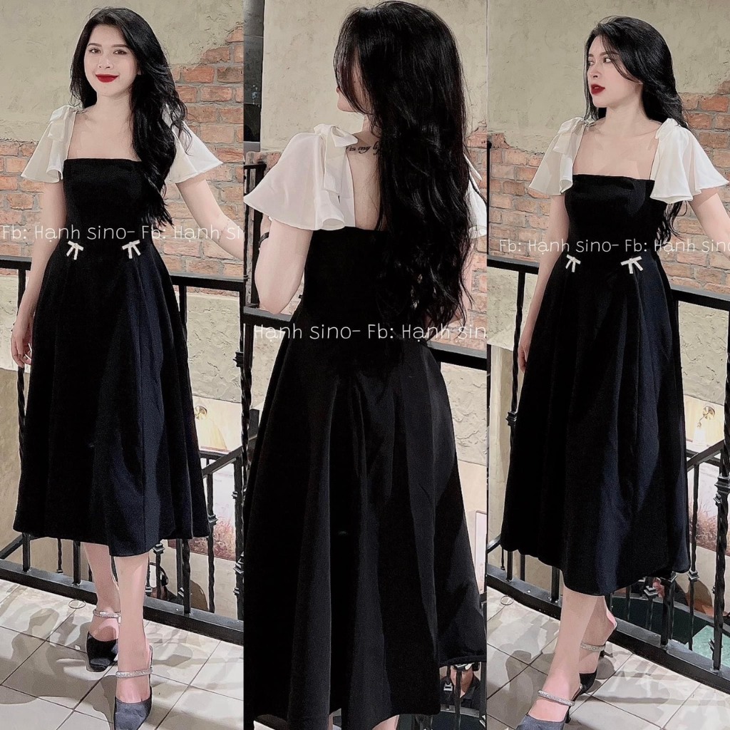 Mã V230 váy đen xoè cổ vuông nơ vai
