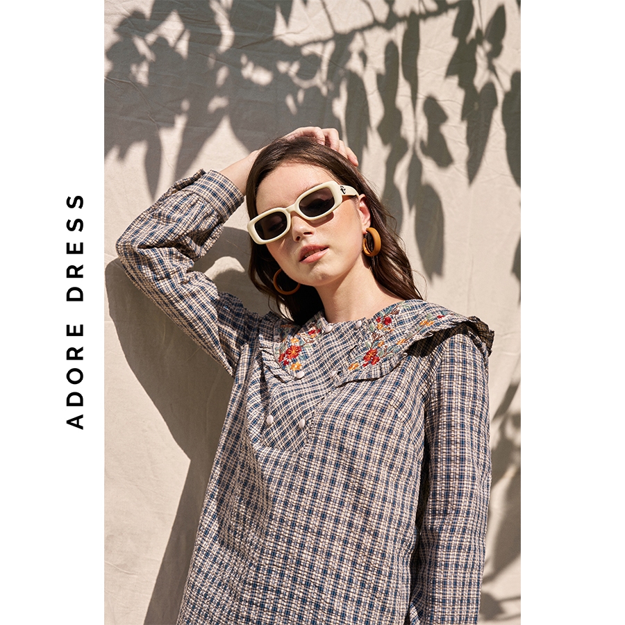 Áo sơ mi Shirts casual style thô karo navy thêu cổ bèo 312SH1078 ADORE DRESS