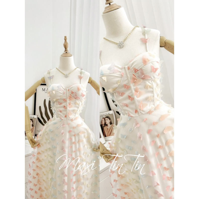 Đầm váy maxi hai dây cup hoạ tiết hoa cầu vồng dáng xoè phong cách tiểu thư ngọt ngào dễ thương