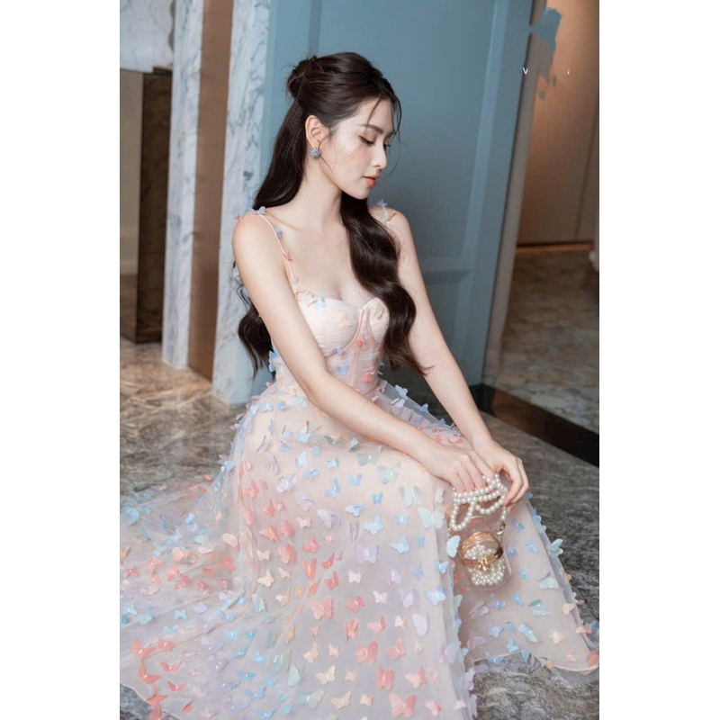 Đầm váy maxi hai dây cup hoạ tiết hoa cầu vồng dáng xoè phong cách tiểu thư ngọt ngào dễ thương