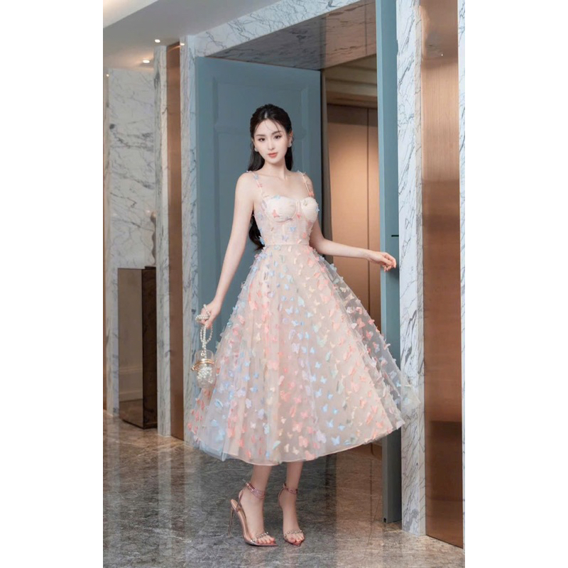 Đầm váy maxi hai dây cup hoạ tiết hoa cầu vồng dáng xoè phong cách tiểu thư ngọt ngào dễ thương