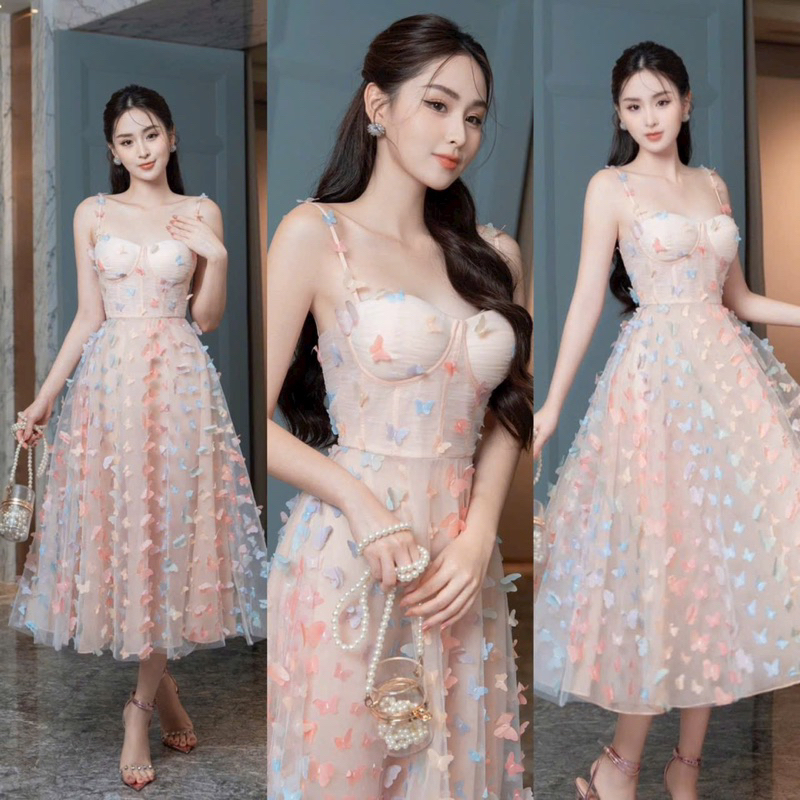 Đầm váy maxi hai dây cup hoạ tiết hoa cầu vồng dáng xoè phong cách tiểu thư ngọt ngào dễ thương