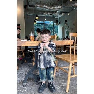 Sét áo sơ mi loang quần bò xanh cho bé