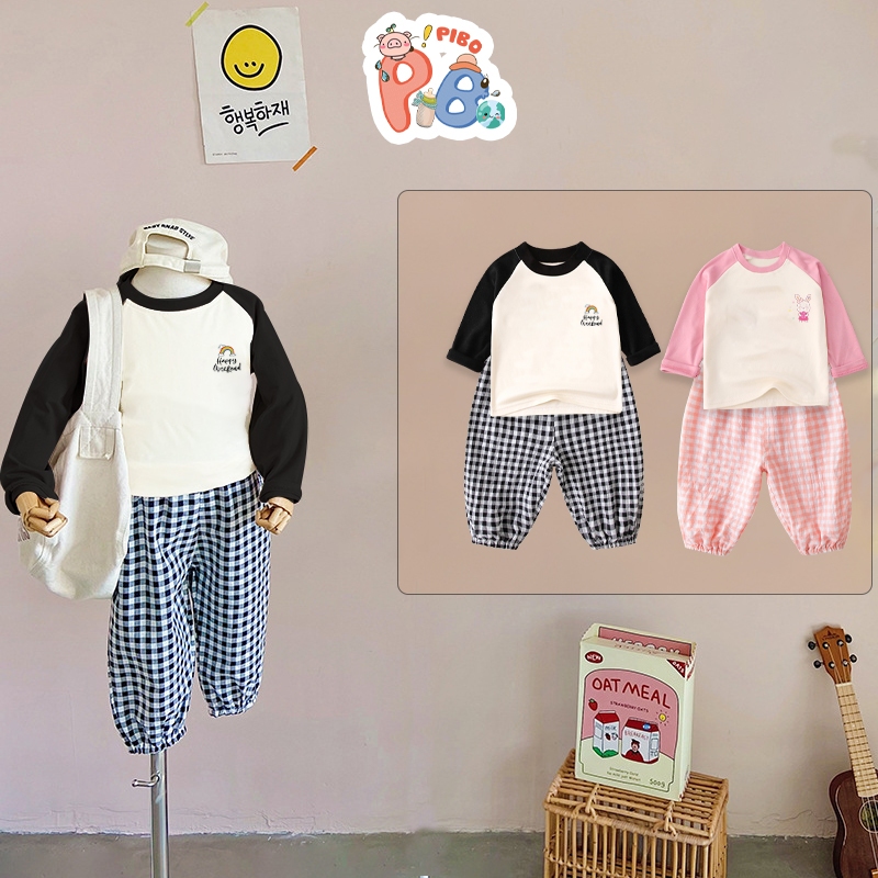 Áo Dài Tay Cho Bé Gái Bé Trai ADT02 Hình IN Nhỏ + Quần Bo Gấu Kẻ BabyBoo Vải Cotton Mềm Mịn- PiBo Store BADT02BK