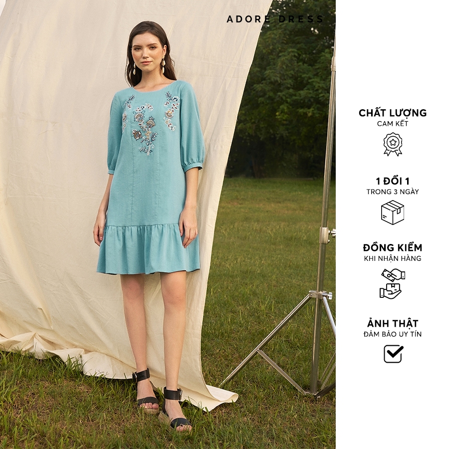 Đầm Shift dresses tunic style giả đũi trơn xanh thiên thanh 312DR4005 ADORE DRESS