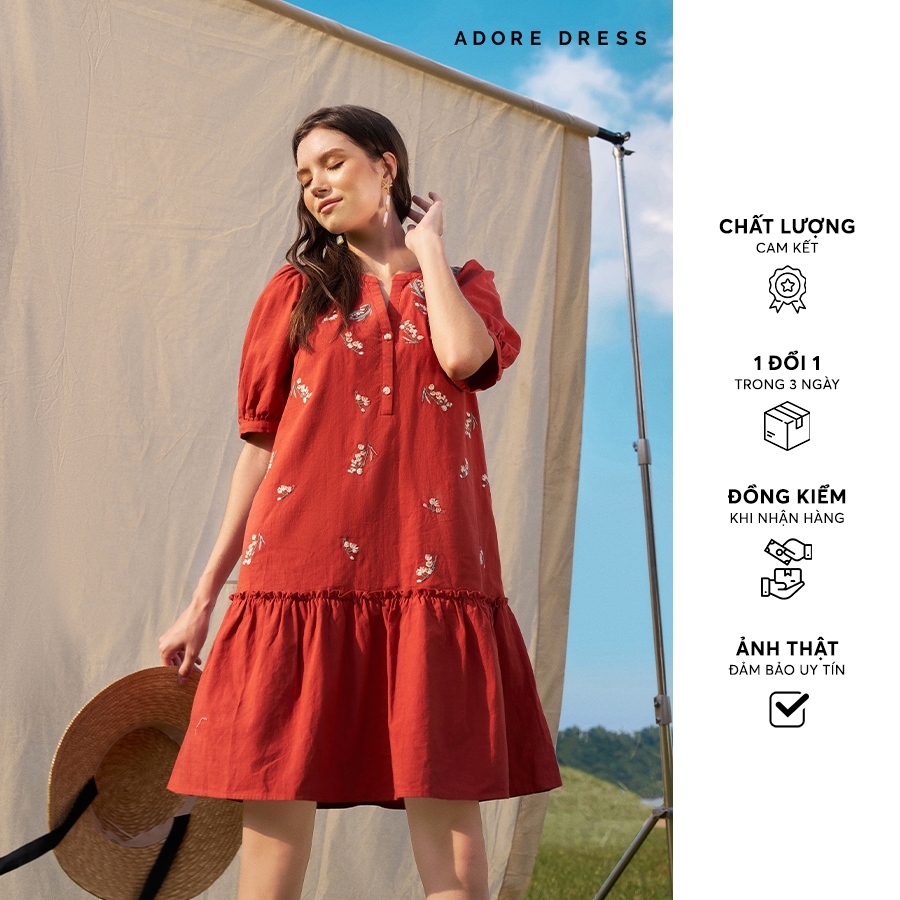 Đầm Shift dresses casual style đũi cam thêu linh lan trắng 312DR4087 ADORE DRESS