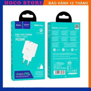 Củ sạc nhanh siêu bền pd20w hoco c80a p cổng usb + type-c chuôi tròn q.c 3.0 cho mọi thiết bị