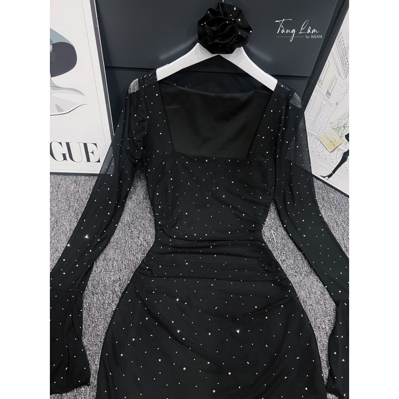 Đầm đi tiệc nhũ bling đá tay loe kèm ảnh cận chất