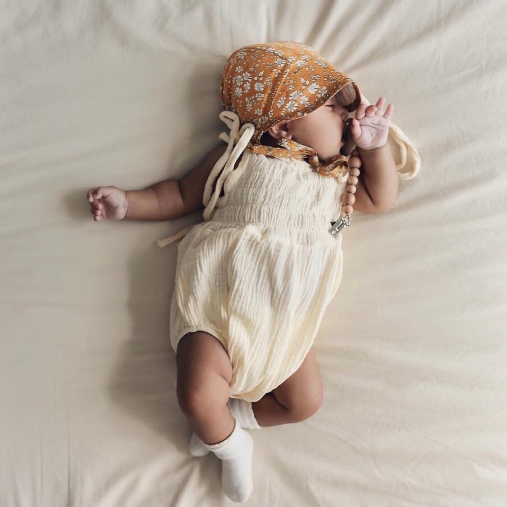 🅷.🄴🅅🄰🄽  Nón vải tiểu thư linen mộc mạc cho bé gái, có dây rút, lót trong cotton mềm mát