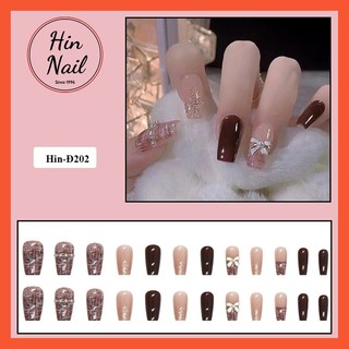Móng tay giả hin nail đính đá form dài đính nơ ánh nhũ