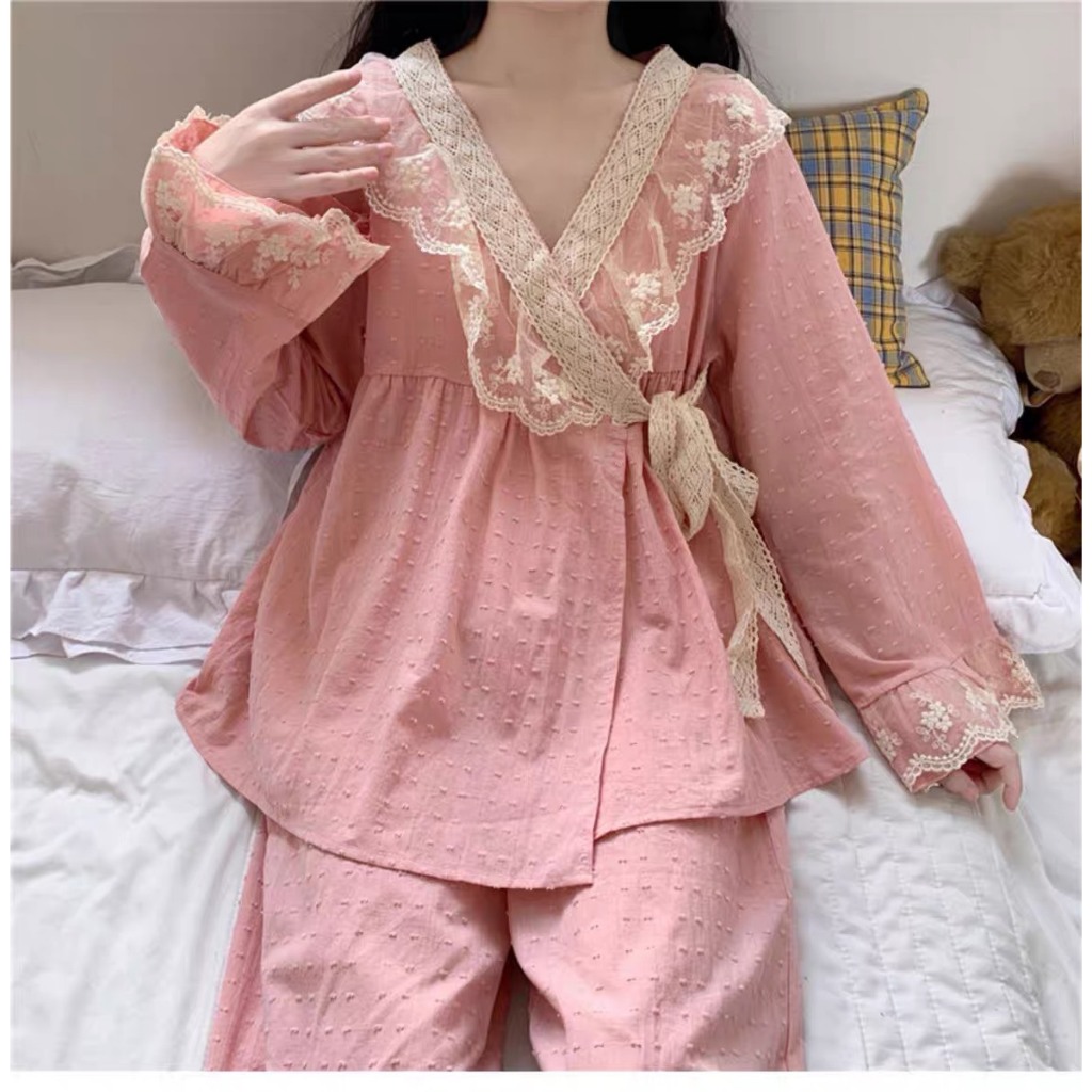 Set Bộ Dài Tay Viền Ren Cổ Chéo Phong Cách Dễ Thương Đáng Yêu